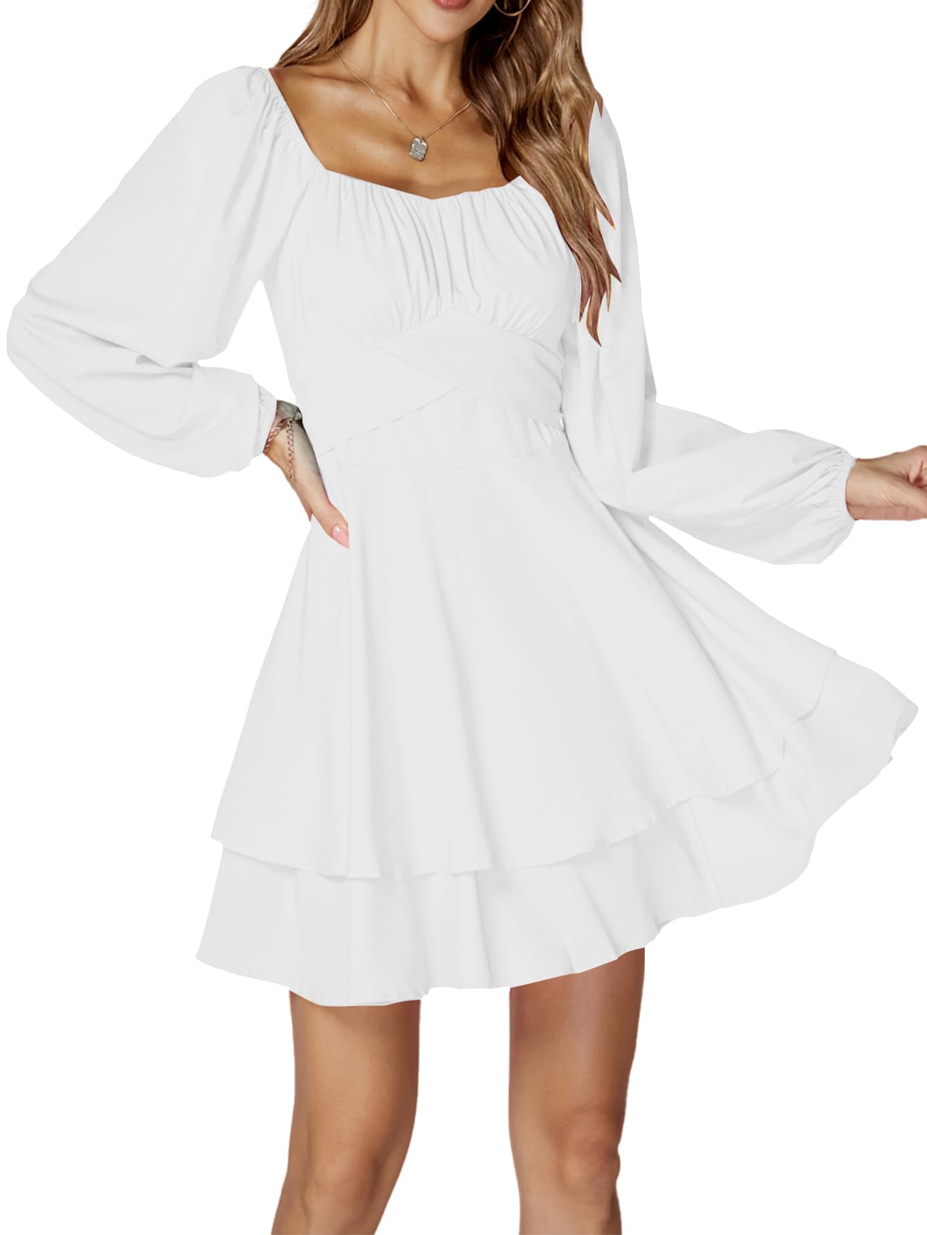 LYANER Women's Lantern Long Sleeve Wrap Tie Back Square Neck Double Layer Ruffle Hem A Line Short Mini Dress