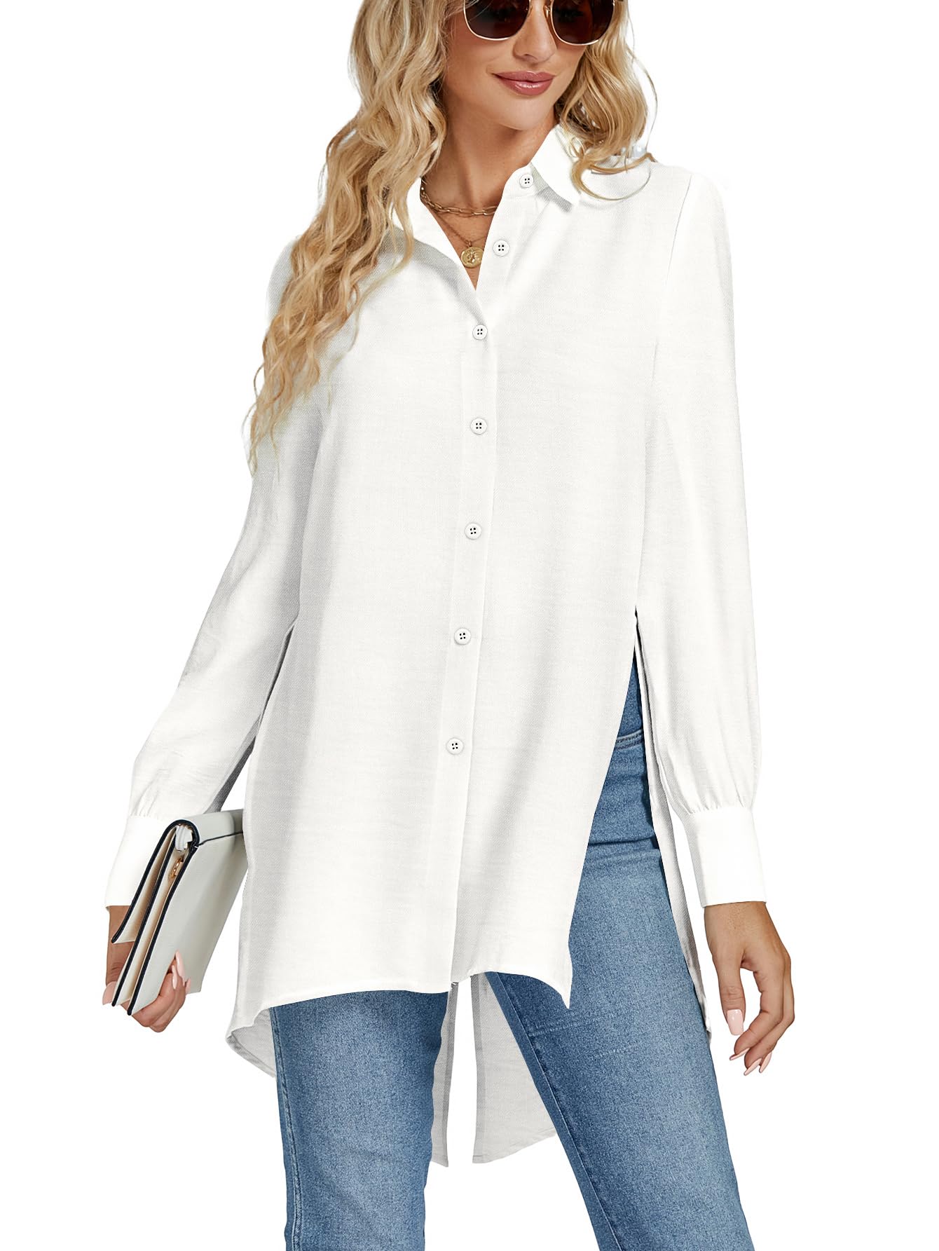 LYANER Women's V-neck Fashion Slit Hem Button-up Long-sleeved Shirt White Dress Top  Fashionable and Elegant Style