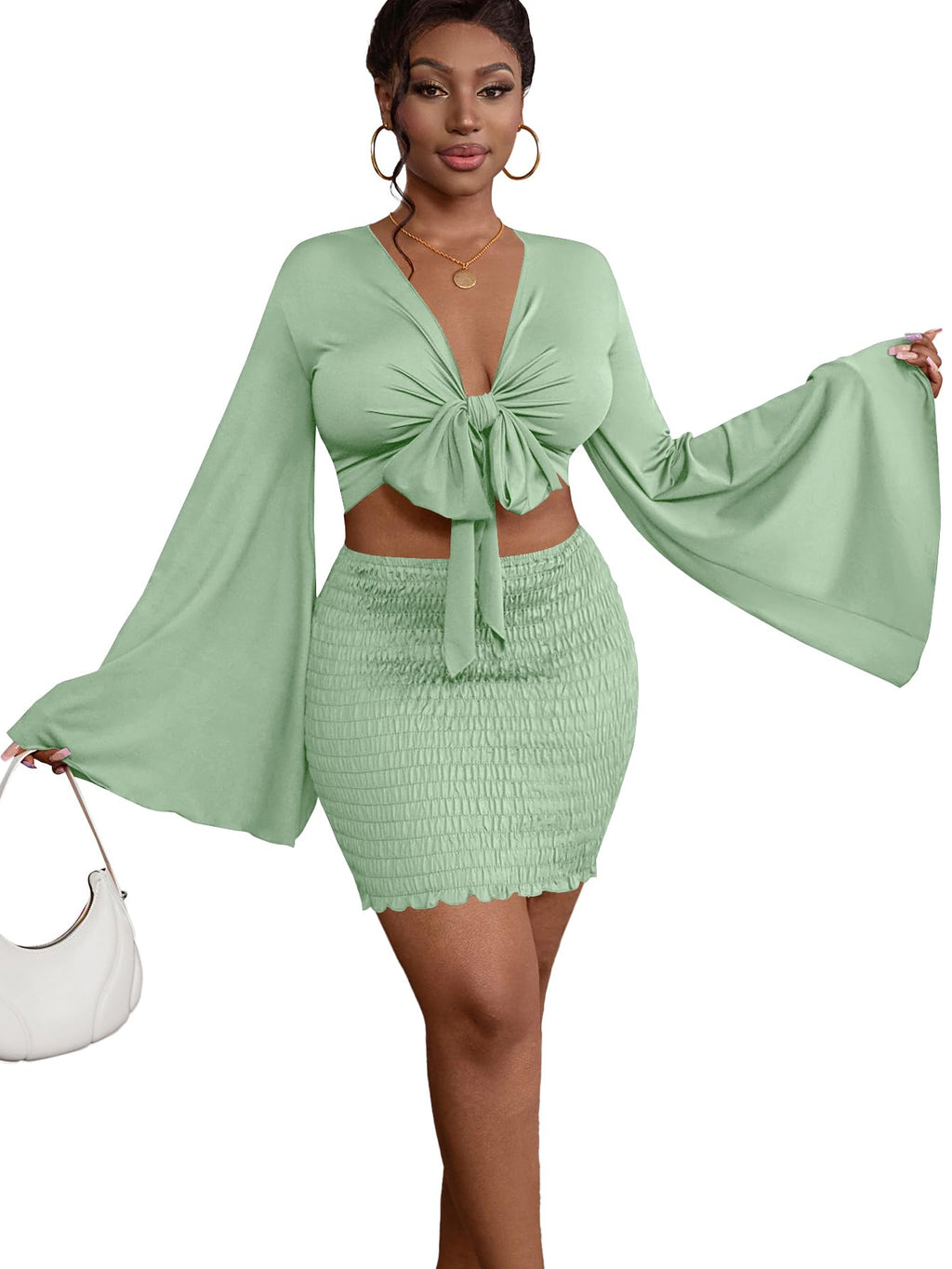 LYANER Women's Two-Piece Set with Tie-Front Slit Long-Sleeved Cropped Top and Mini Skirt Set in Light Green Girly Style Clothing