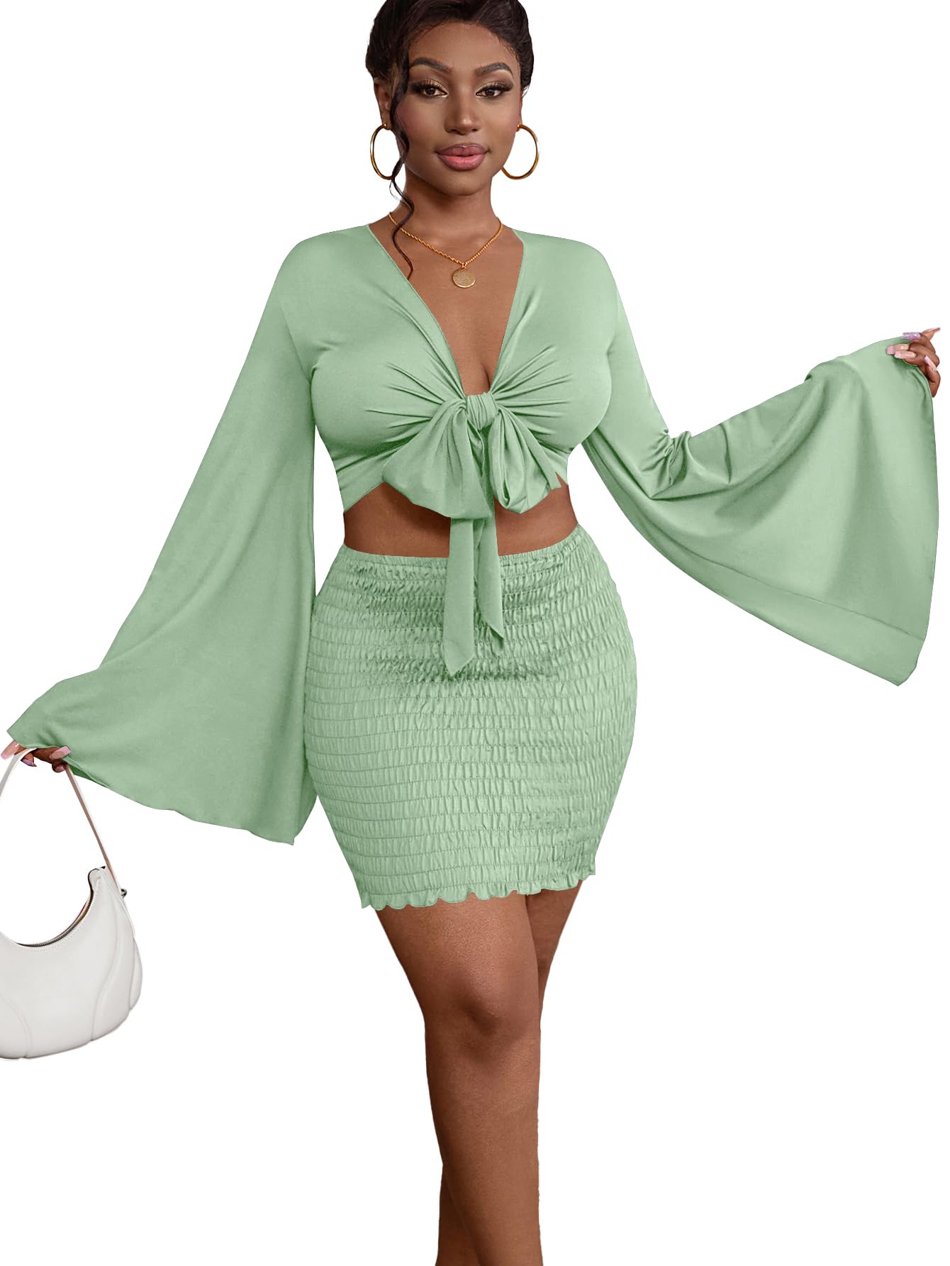 LYANER Women's Two-Piece Set with Tie-Front Slit Long-Sleeved Cropped Top and Mini Skirt Set in Light Green Girly Style Clothing