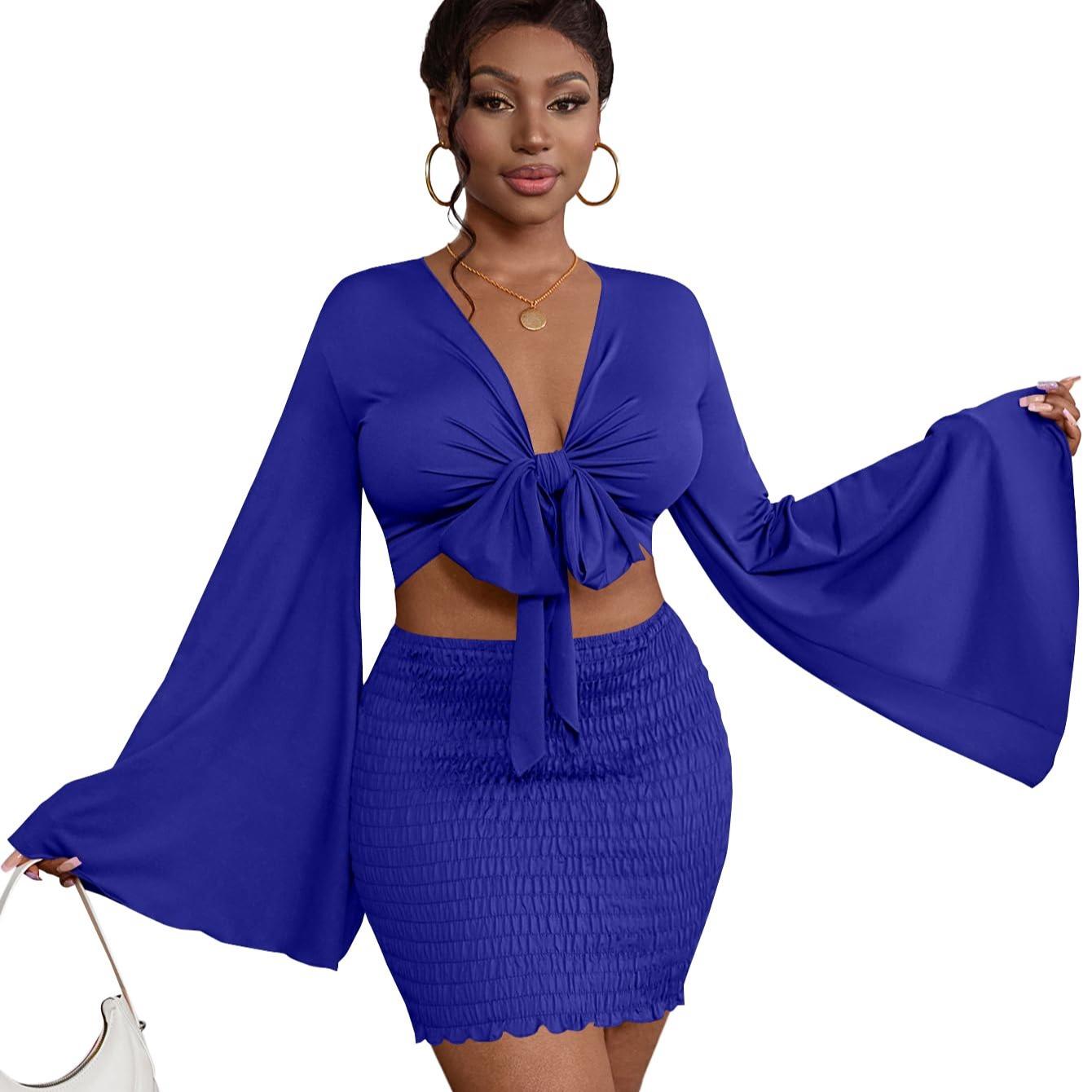 LYANER Women's Two-Piece Set with Tie-Front Slit Long-Sleeved Cropped Top and Mini Skirt Set in Light Green Girly Style Clothing