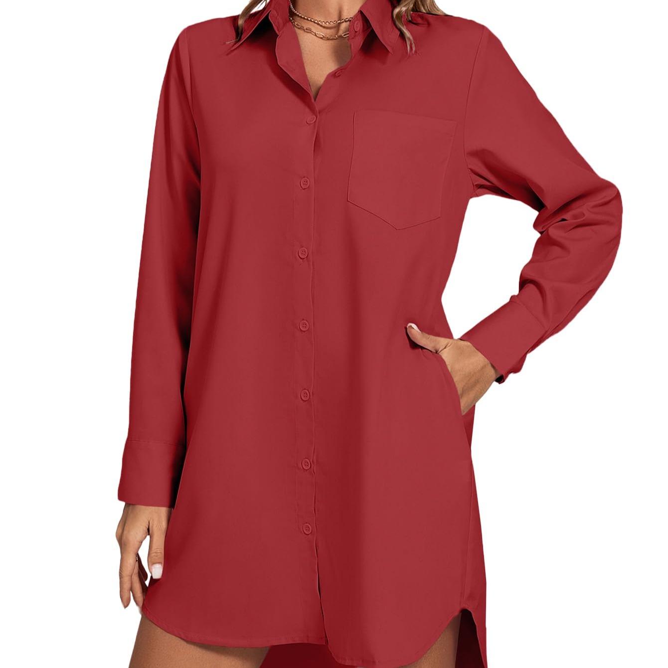 LYANER Women's Fashion Stand-up Collar V-neck Button-up Long-sleeved Curved Hem Shirt Dress  Sexy Form-fitting Summer Clothing with Pockets  Pure