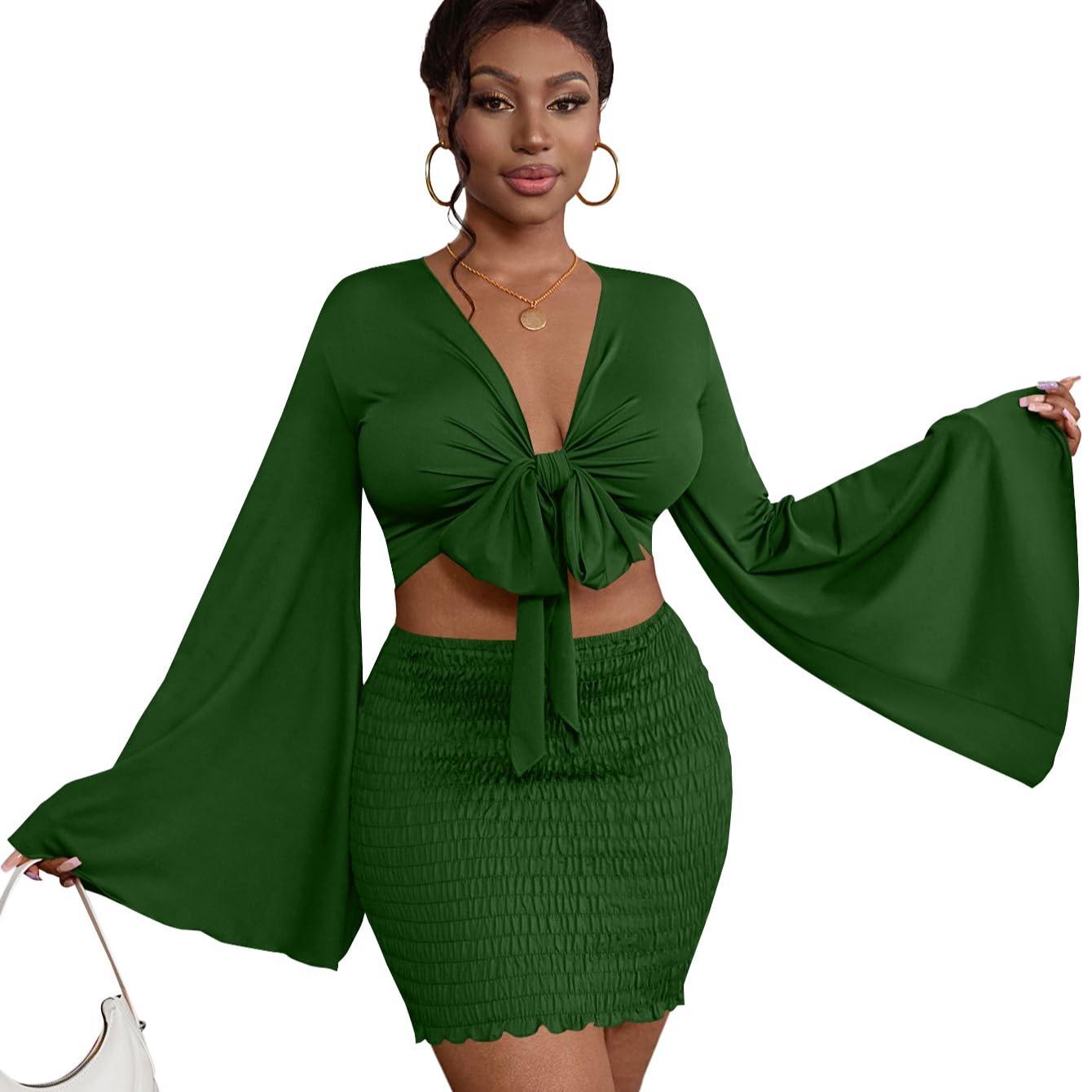 LYANER Women's Two-Piece Set with Tie-Front Slit Long-Sleeved Cropped Top and Mini Skirt Set in Light Green Girly Style Clothing