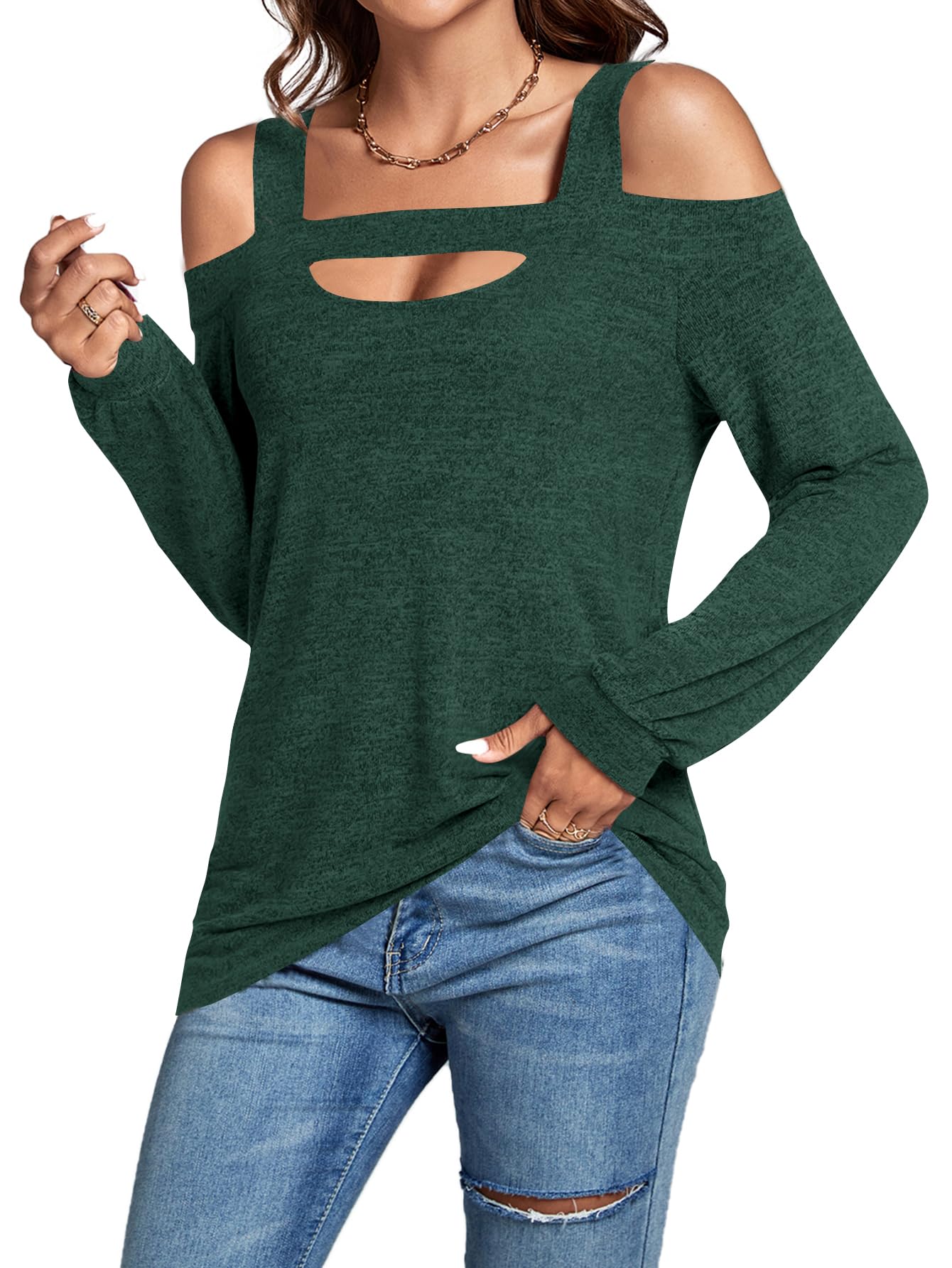 LYANER Women's Fashionable Casual Off-the-Shoulder Openwork Solid Color Long-Sleeved Shirt New Summer Slim-Fit Women's Top