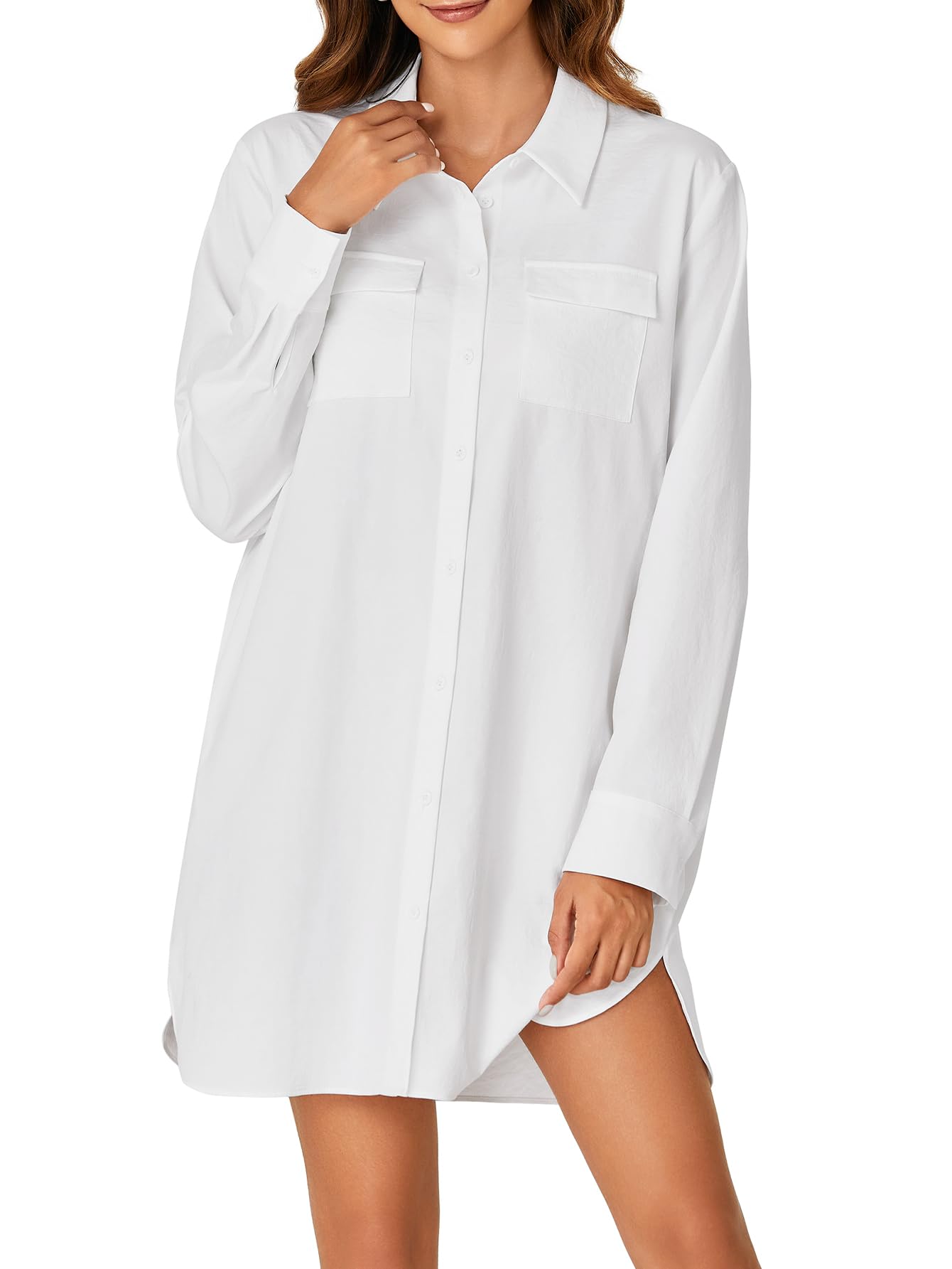 LYANER Women's Button Down Shirt Dresses Collared V Neck Long Sleeve Slit Mini Dress elegantoutfits