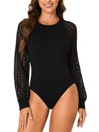 LYANER Women's Crew Neck Bodysuit Lace Hollow Out Long Sleeve Slim Fit Stretchy Leotards Tops