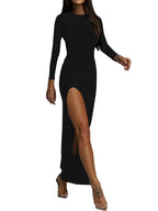 LYANER Women's High-Neck Long-Sleeve Split Hem Layered Hemline Cocktail Long Dress Summer Slim-Fit Fashionable Pure Black Long Dress
