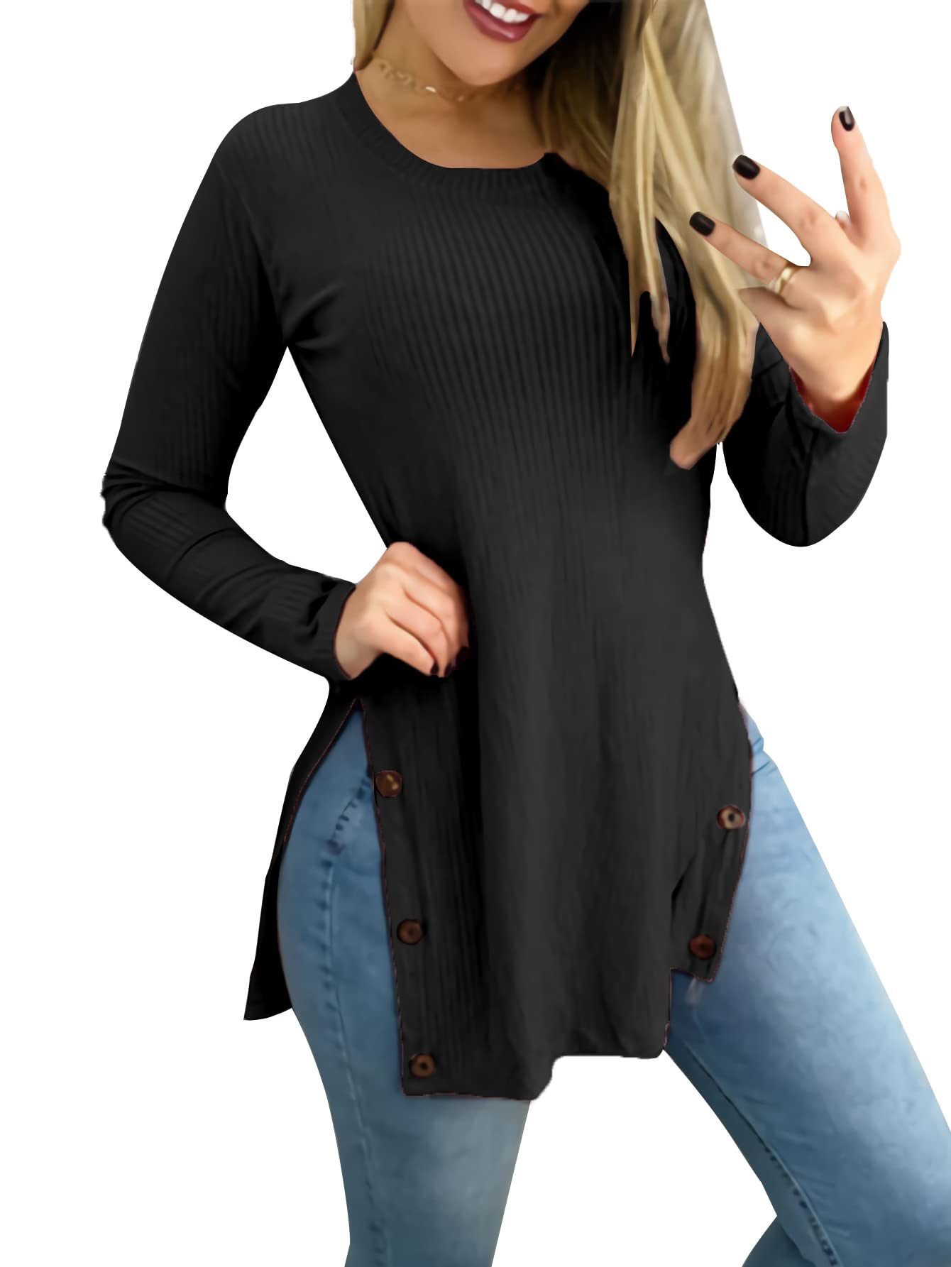 LYANER Women's Button Split Slit Sides Scoop Neck Long Sleeve Blouse Tunic Top