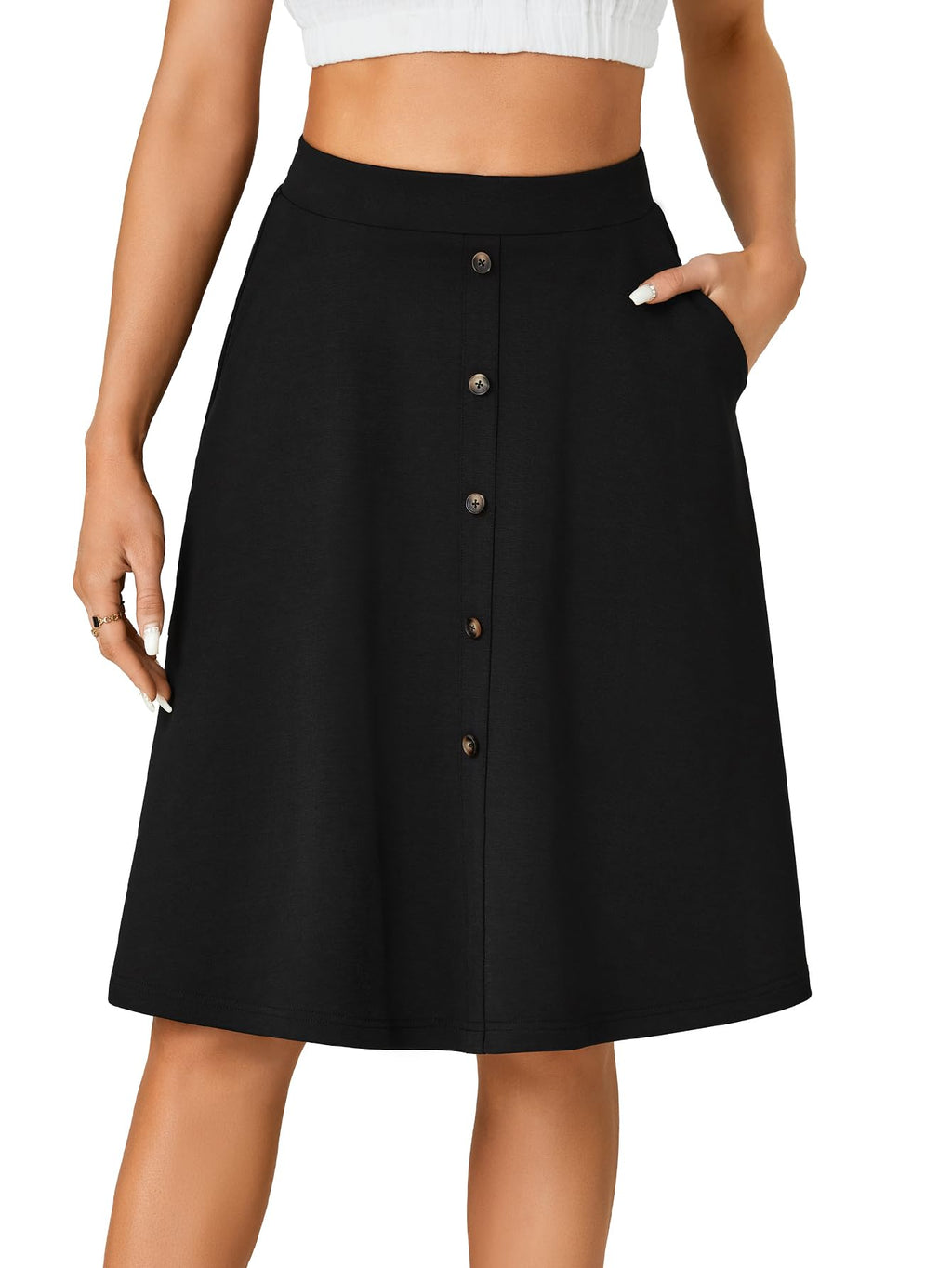 LYANER  Women's Knee Length Casual Skirt Stretchy Button High Waist A-Line Flared Vintage Midi Skirts with Pocket