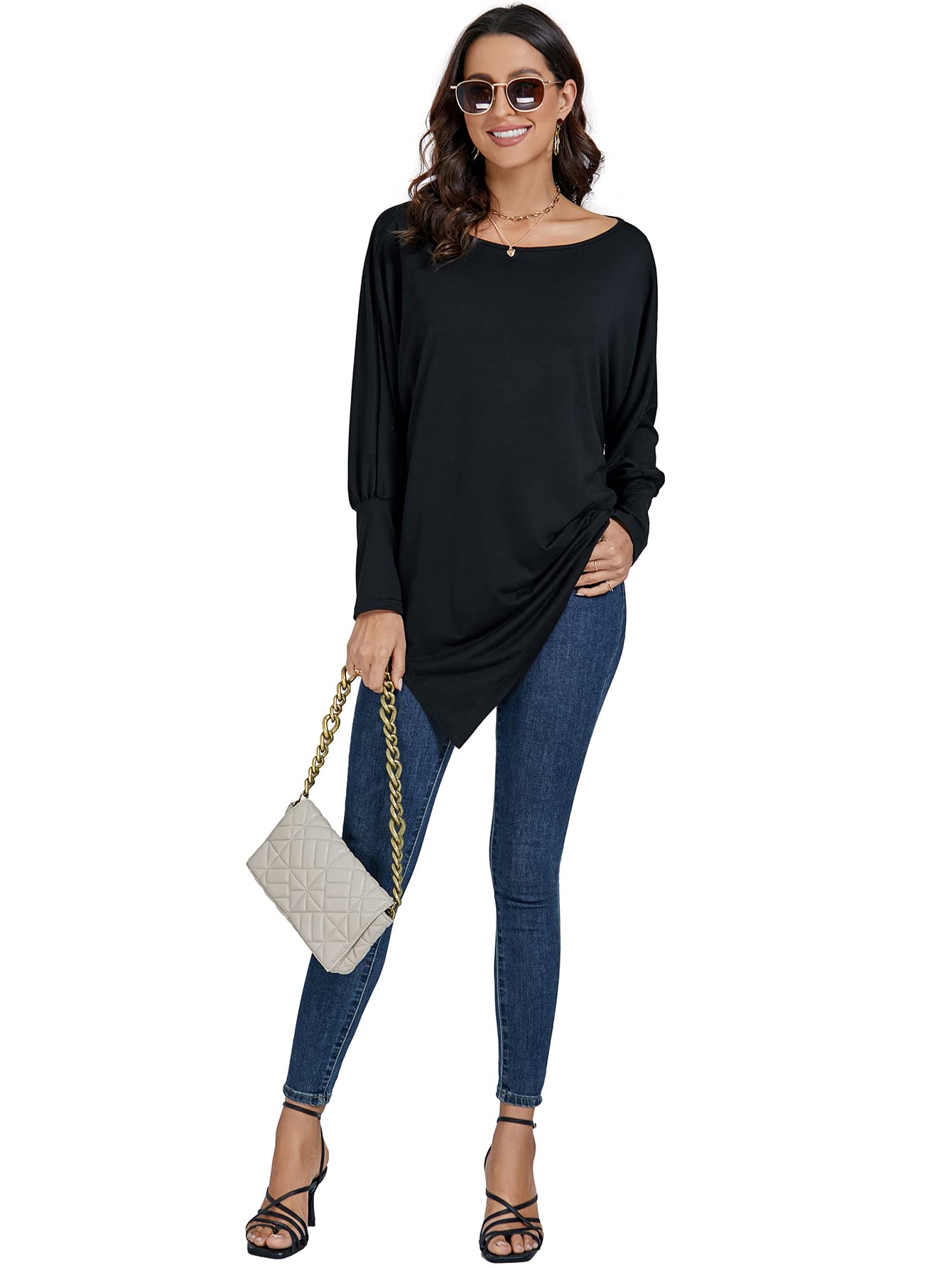 LYANER Women's Boat Neck Asymmetrical Hem Batwing Sleeve Long Sleeve Slit Loose Summer Dress Top Fashionable and Elegant