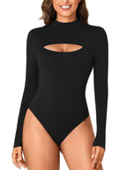 LYANER Women's High Neck Sexy Openwork Front Slit Long Sleeve Form-fitting Jumpsuit Bodysuit Top New Form-fitting Clothing