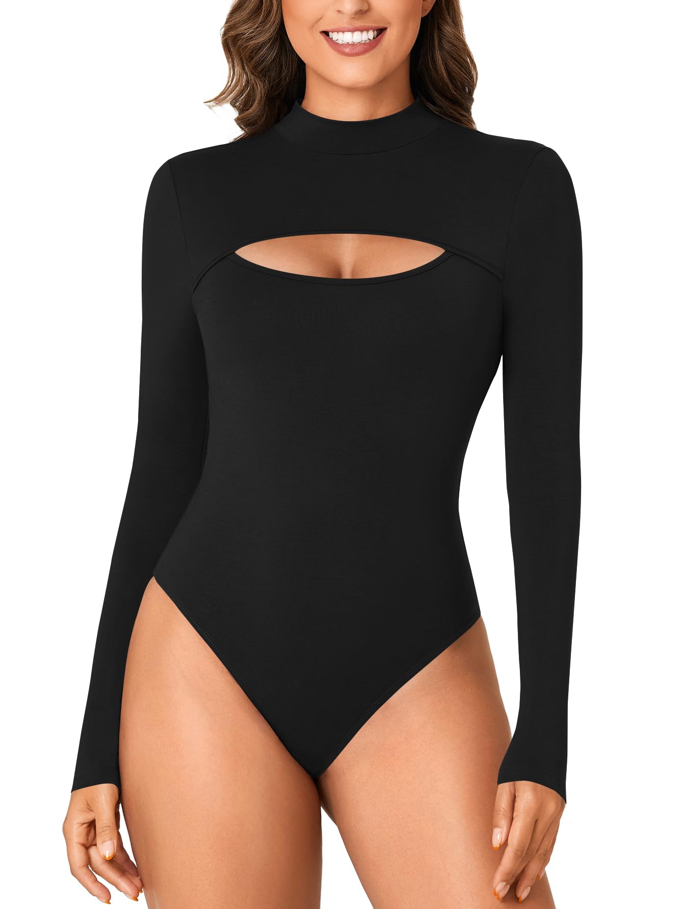 LYANER Women's High Neck Sexy Openwork Front Slit Long Sleeve Form-fitting Jumpsuit Bodysuit Top New Form-fitting Clothing