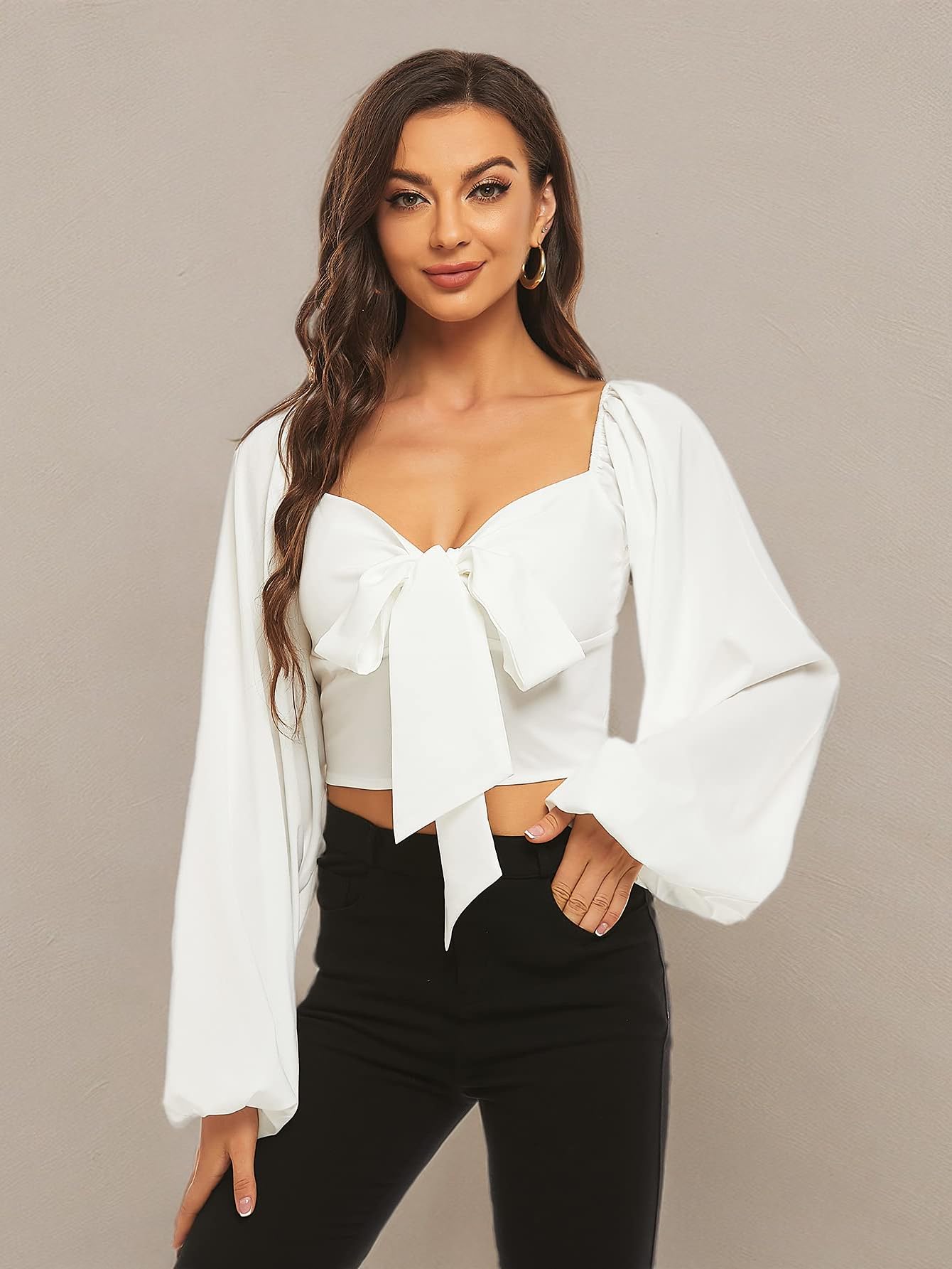 LYANER Women's Tie-Front Pleated Back Lantern Sleeve Short-Sleeve Shirt T-Shirt Summer Fashion