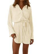 LYANER Women's Collar V Neck Button Down Pleated Long Sleeve Mini Shirt Dress with Belt
