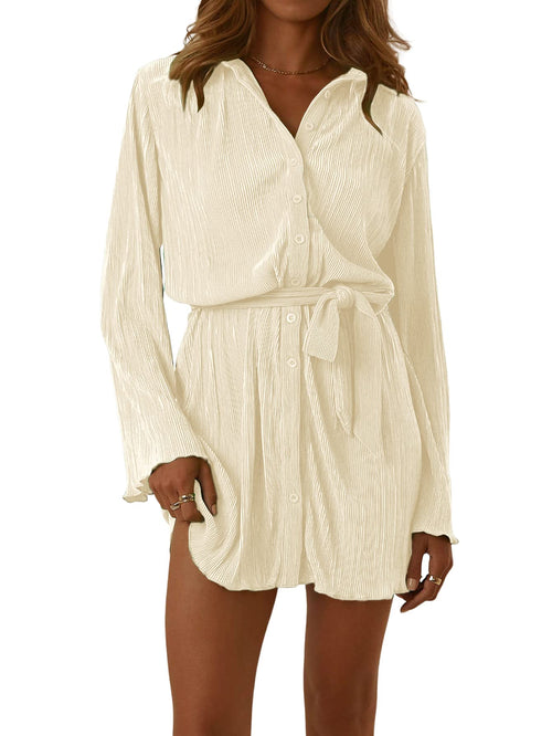 LYANER Women's Collar V Neck Button Down Pleated Long Sleeve Mini Shirt Dress with Belt