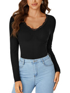 LYANER Women's Long-Sleeved Shirt Fashionable Lace V-Neck Basic Casual Ribbed Knit Top Fashionable and Cute Clothing