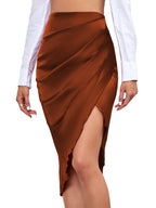 LYANER Women's Satin Skily Asymmetrical Split Slit Ruched Hight Waist Bodycon Midi Skirt