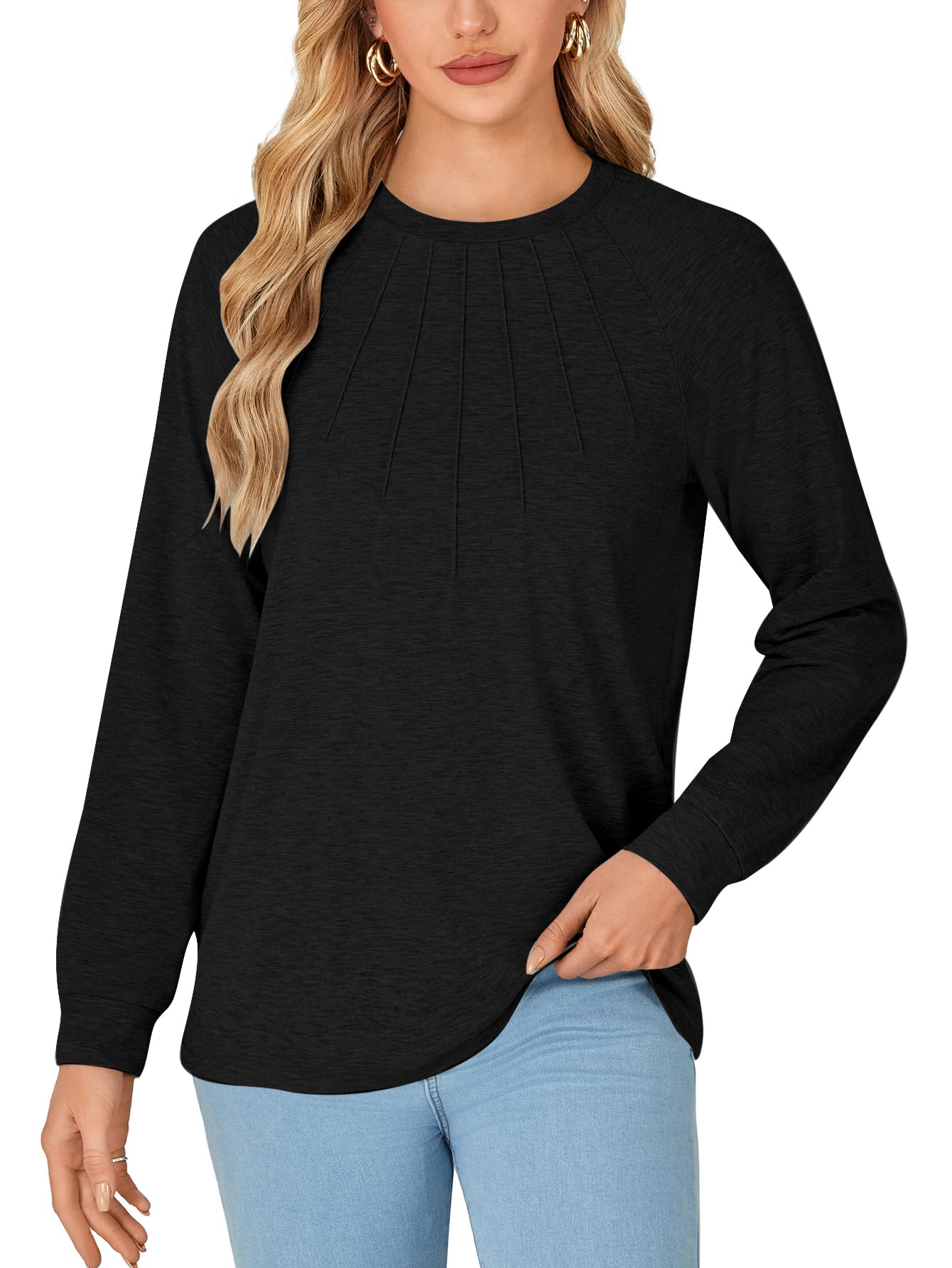 LYANER Women's Fashion Long Sleeve Shirt Round Neck Pleated T-Shirt Summer Fashion Women's Clothing
