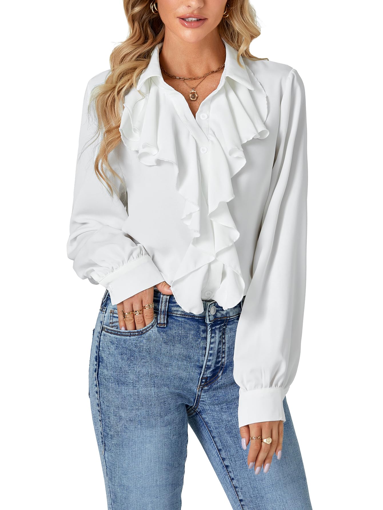 LYANER Women's Dressy Ruffle Blouse Long Sleeve Collar Neck Button Down Victorian Shirt Tops