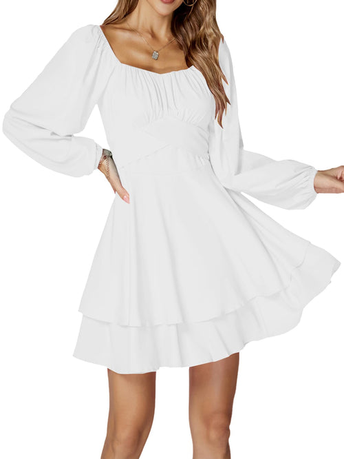 LYANER Women's Lantern Long Sleeve Wrap Tie Back Square Neck Double Layer Ruffle Hem A Line Short Mini Dress