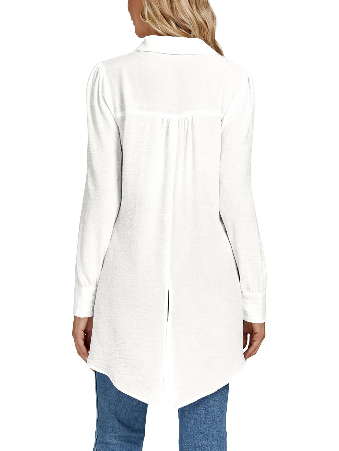 LYANER Women's V-neck Fashion Slit Hem Button-up Long-sleeved Shirt White Dress Top  Fashionable and Elegant Style