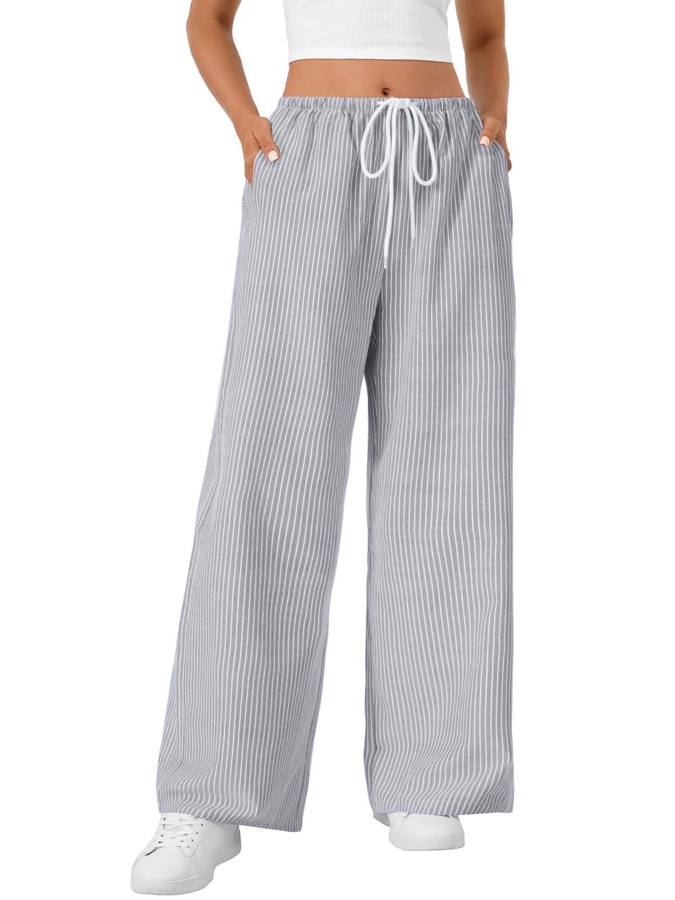 LYANER Women's Wide Leg Striped Pants Casual Drawstring Elastic Low Rise Pajama Pants Lounge Wear Trousers