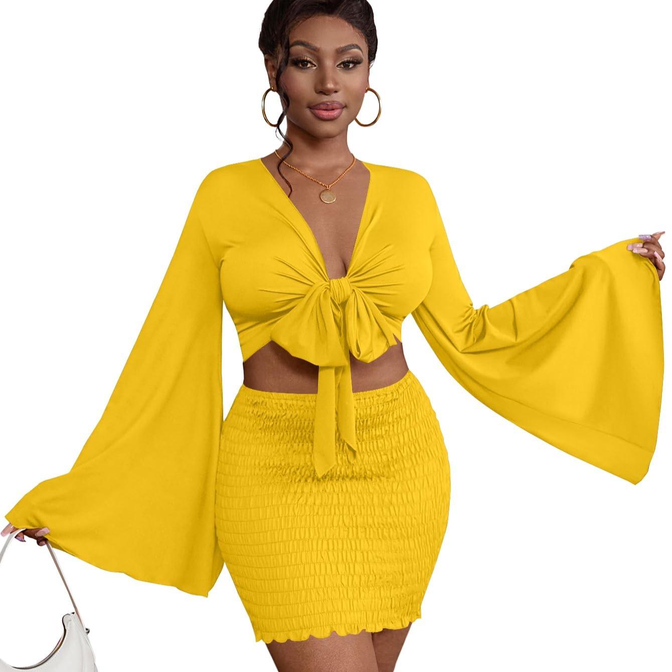 LYANER Women's Two-Piece Set with Tie-Front Slit Long-Sleeved Cropped Top and Mini Skirt Set in Light Green Girly Style Clothing