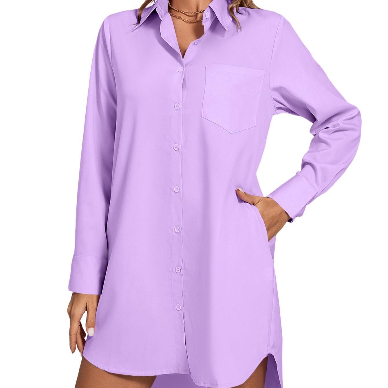 LYANER Women's Fashion Stand-up Collar V-neck Button-up Long-sleeved Curved Hem Shirt Dress  Sexy Form-fitting Summer Clothing with Pockets  Pure