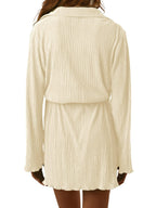 LYANER Women's Collar V Neck Button Down Pleated Long Sleeve Mini Shirt Dress with Belt