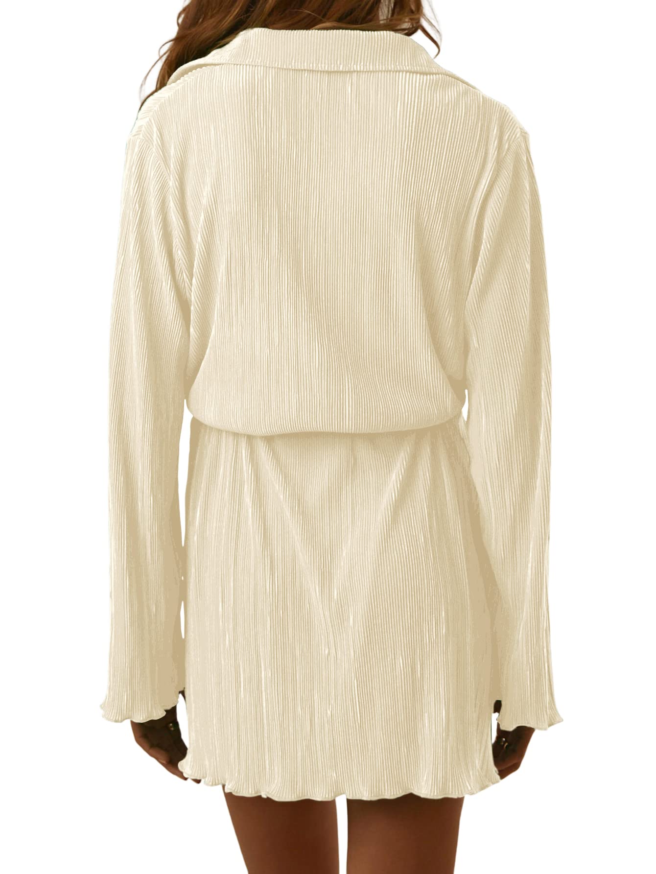 LYANER Women's Collar V Neck Button Down Pleated Long Sleeve Mini Shirt Dress with Belt