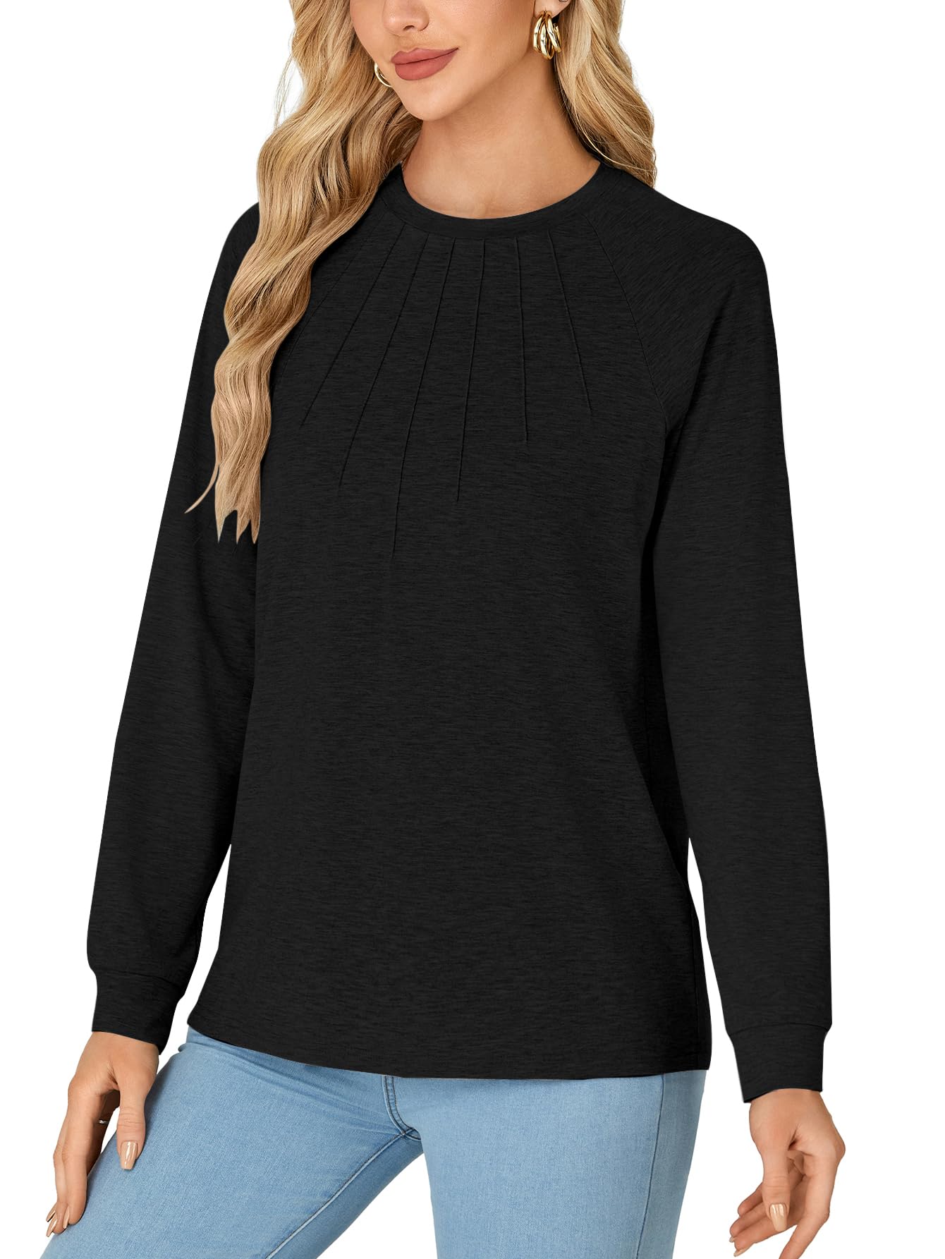 LYANER Women's Fashion Long Sleeve Shirt Round Neck Pleated T-Shirt Summer Fashion Women's Clothing