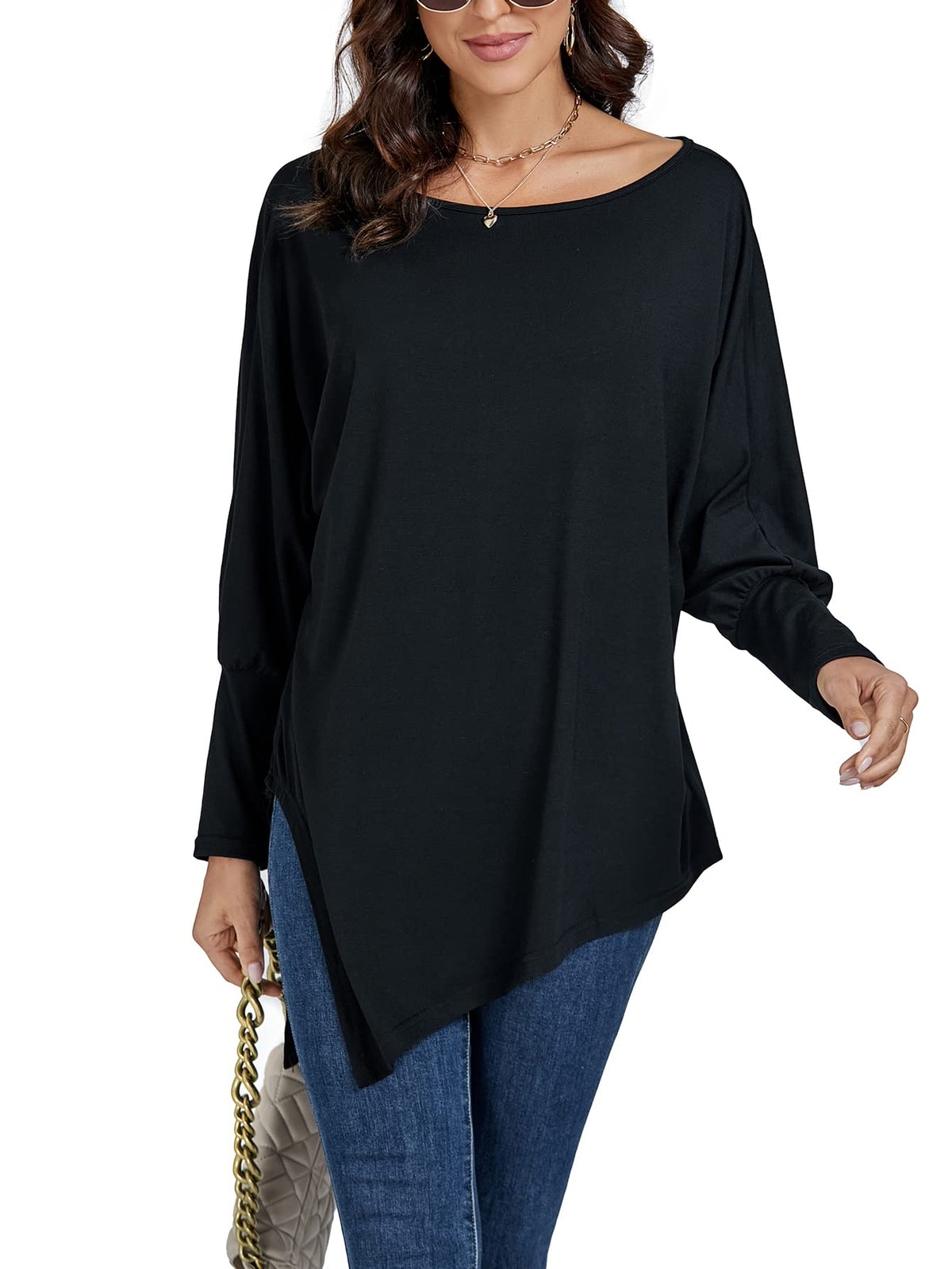 LYANER Women's Boat Neck Asymmetrical Hem Batwing Sleeve Long Sleeve Slit Loose Summer Dress Top Fashionable and Elegant