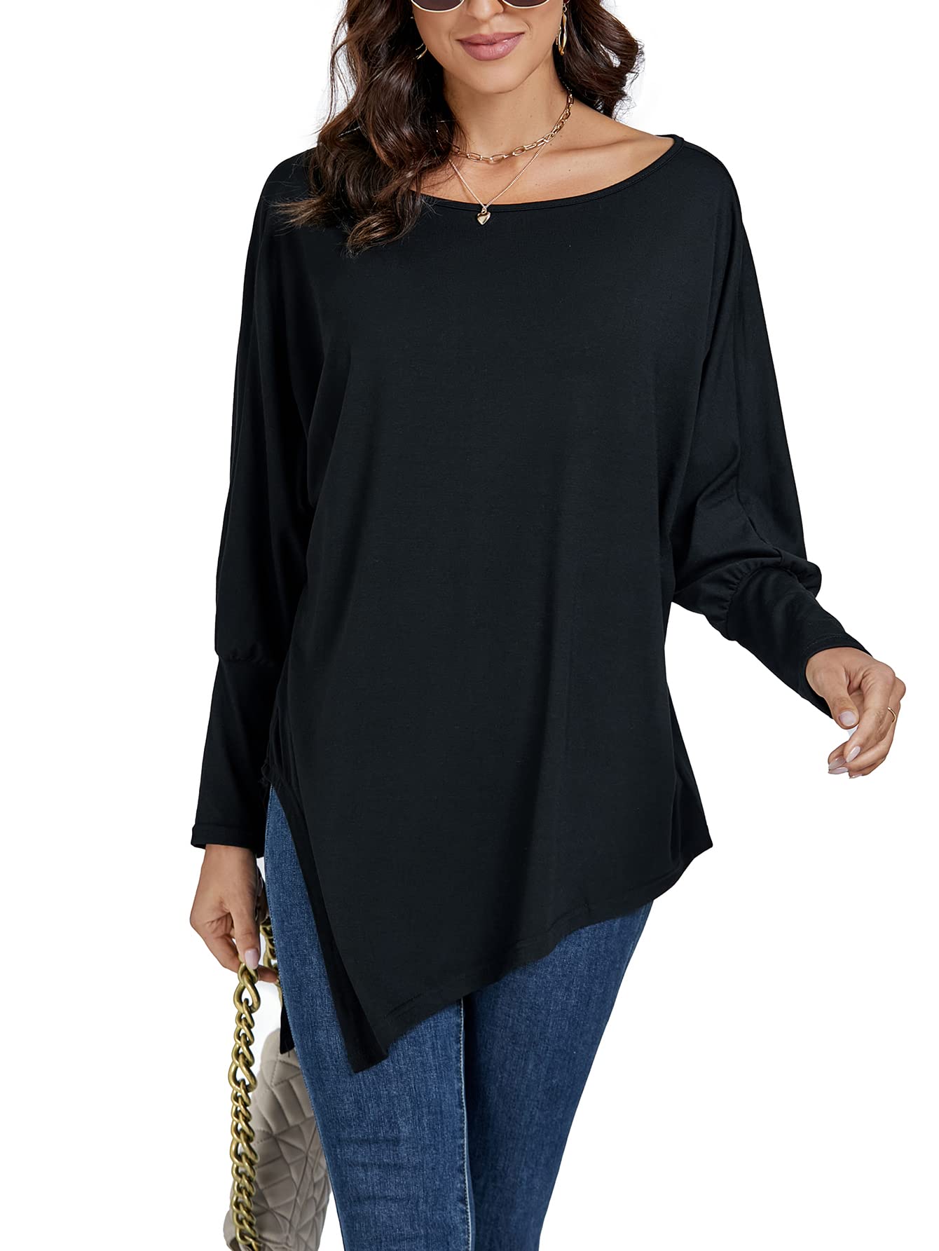 LYANER Women's Boat Neck Asymmetrical Hem Batwing Sleeve Long Sleeve Slit Loose Summer Dress Top Fashionable and Elegant