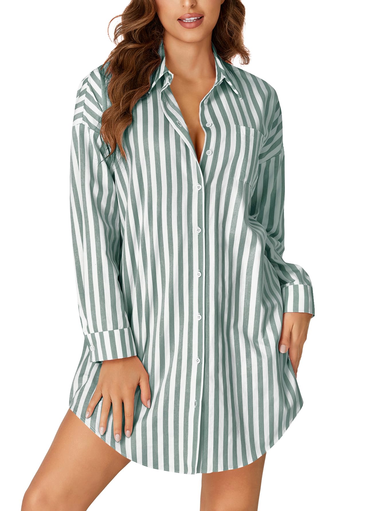 LYANER Women's Striped Nightgown V-neck Fashionable Slim-fit Long-sleeve Nightgown Button-up Casual Nightgown Nightdress