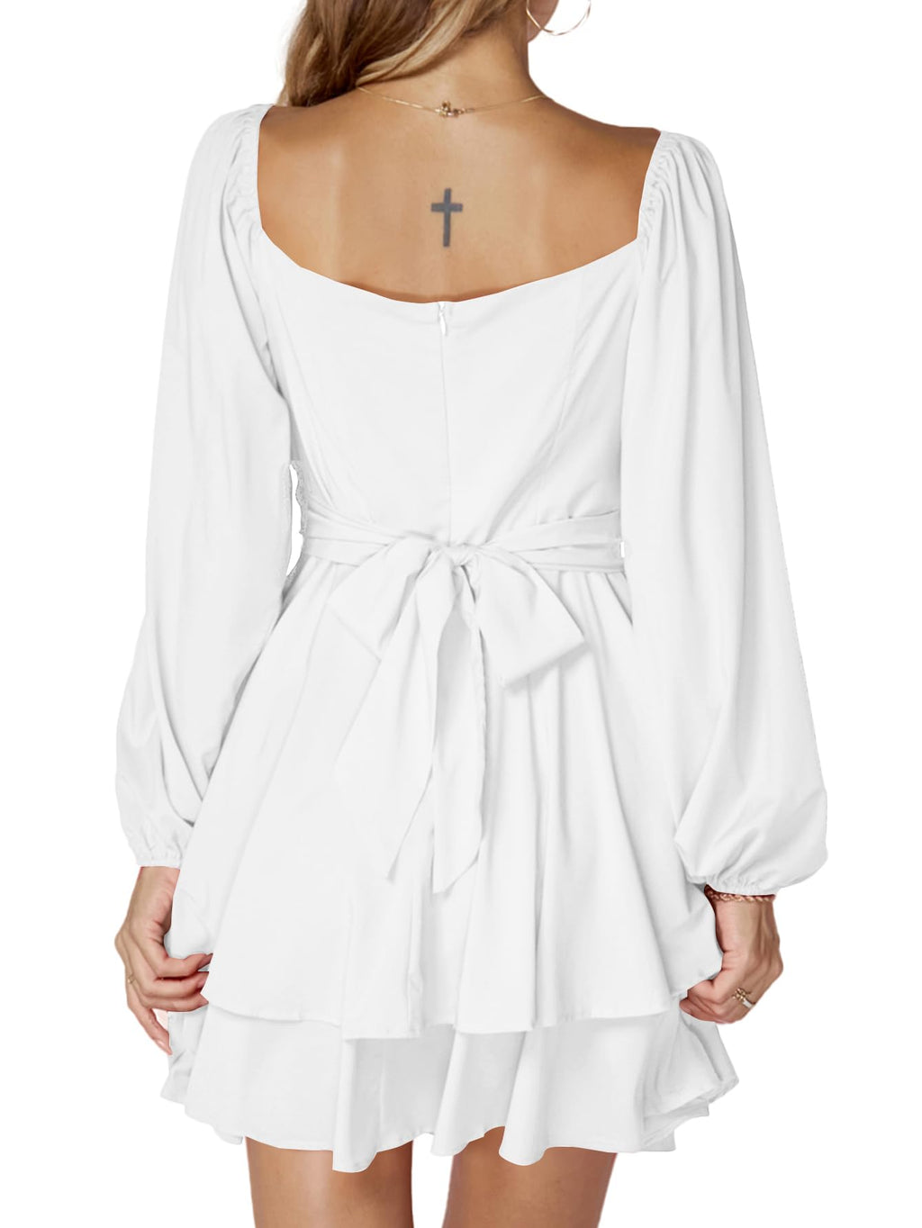 LYANER Women's Lantern Long Sleeve Wrap Tie Back Square Neck Double Layer Ruffle Hem A Line Short Mini Dress