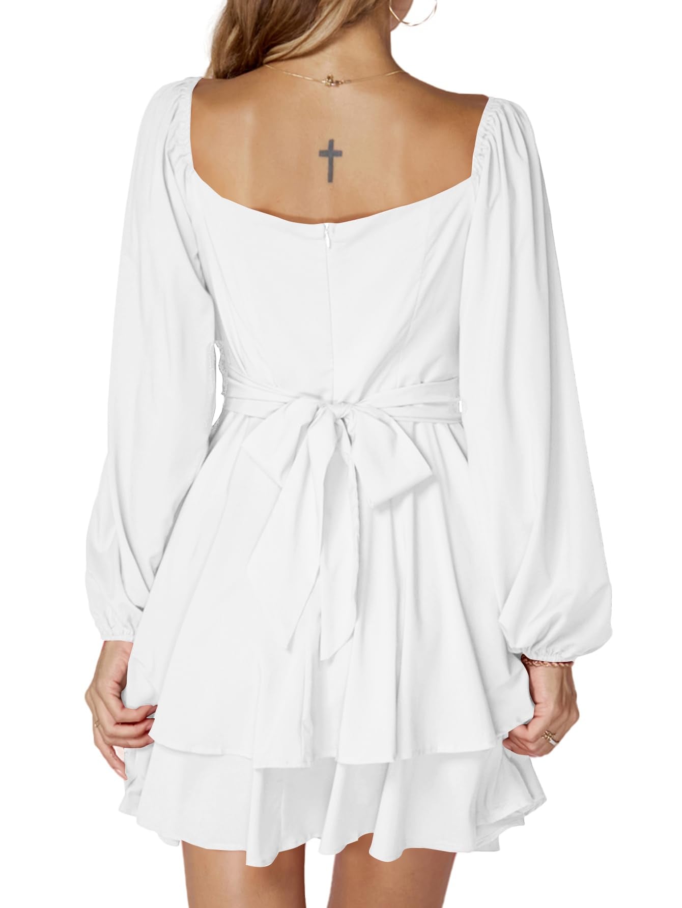 LYANER Women's Lantern Long Sleeve Wrap Tie Back Square Neck Double Layer Ruffle Hem A Line Short Mini Dress