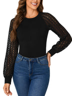 LYANER Women's Crew Neck Bodysuit Lace Hollow Out Long Sleeve Slim Fit Stretchy Leotards Tops