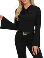LYANER Women's Elegant Bow Neck High Neck Bell Sleeve  New Summer Clothing Sexy American Long Sleeve Shirt Top