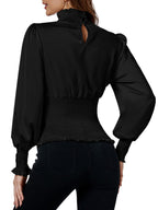 LYANER Women's Shirred Frill Mock Neck Smocked Puff Long Sleeve Blouse Top