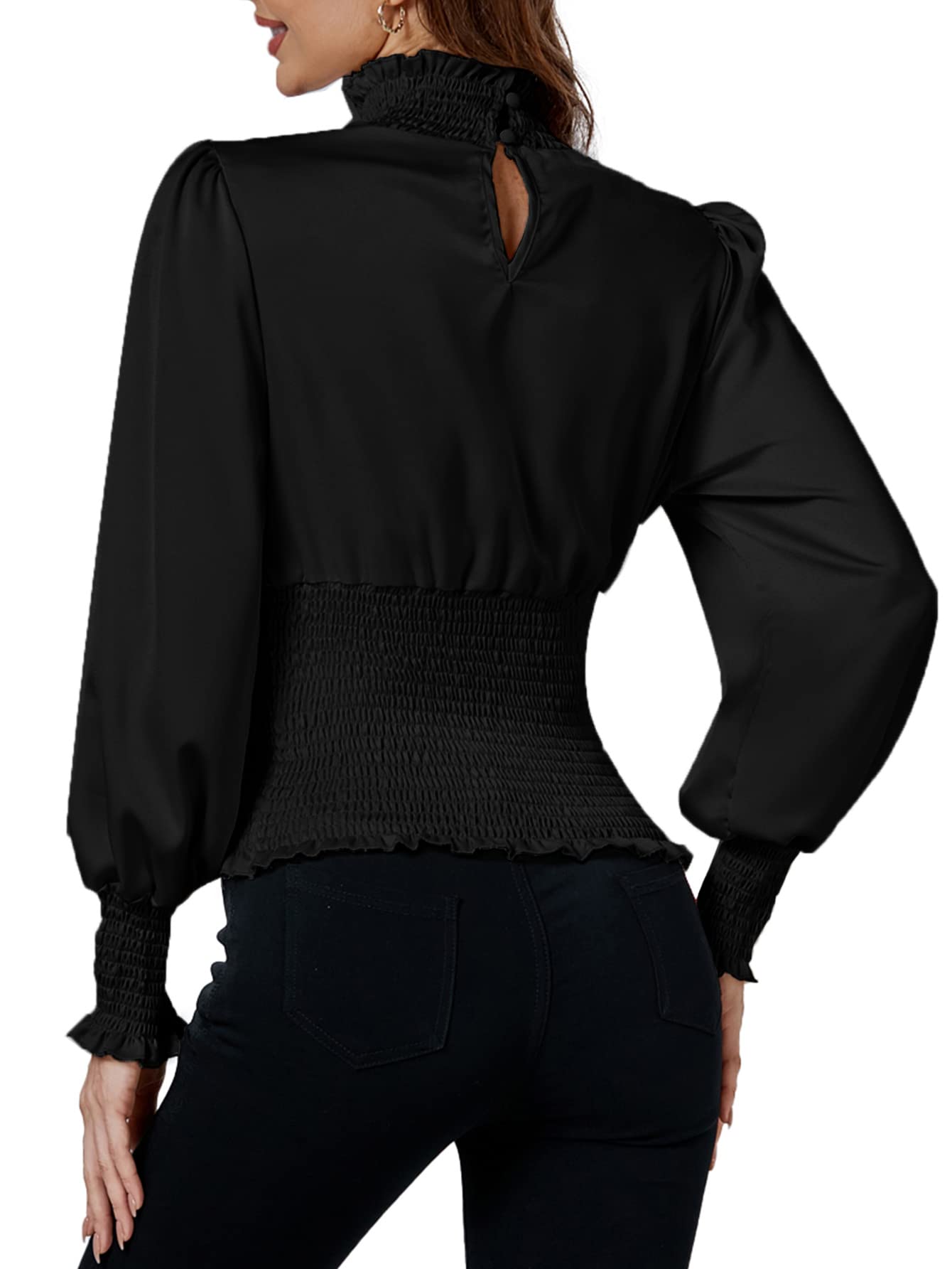 LYANER Women's Shirred Frill Mock Neck Smocked Puff Long Sleeve Blouse Top