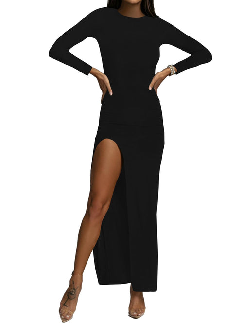 LYANER Women's High-Neck Long-Sleeve Split Hem Layered Hemline Cocktail Long Dress Summer Slim-Fit Fashionable Pure Black Long Dress