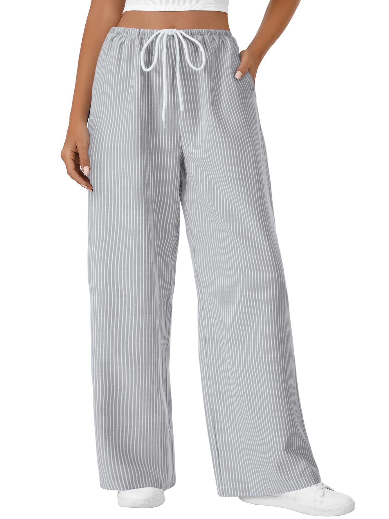 LYANER Women's Wide Leg Striped Pants Casual Drawstring Elastic Low Rise Pajama Pants Lounge Wear Trousers