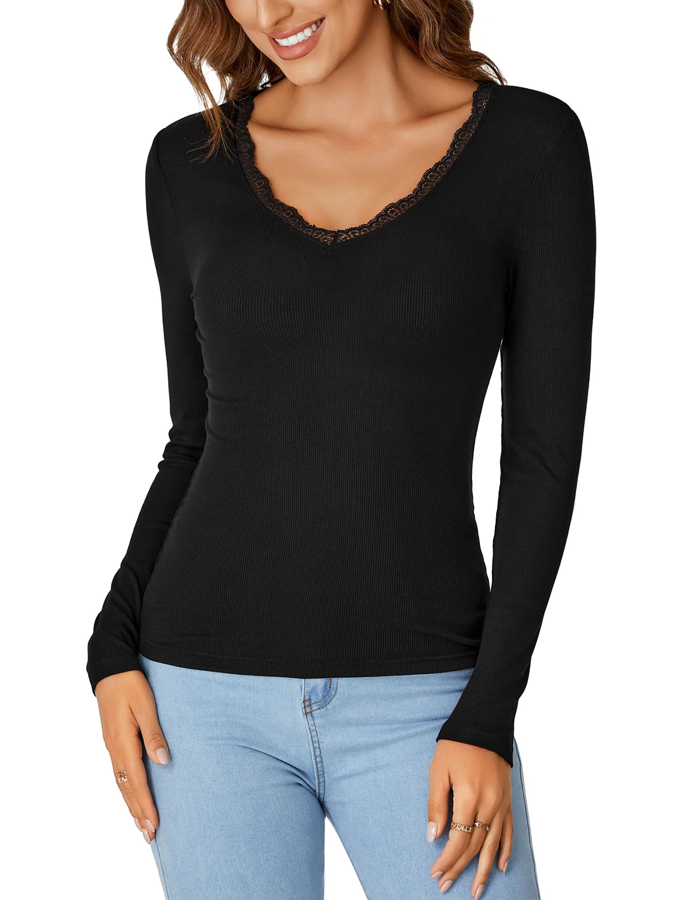 LYANER Women's Long-Sleeved Shirt Fashionable Lace V-Neck Basic Casual Ribbed Knit Top Fashionable and Cute Clothing