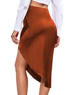 LYANER Women's Satin Skily Asymmetrical Split Slit Ruched Hight Waist Bodycon Midi Skirt