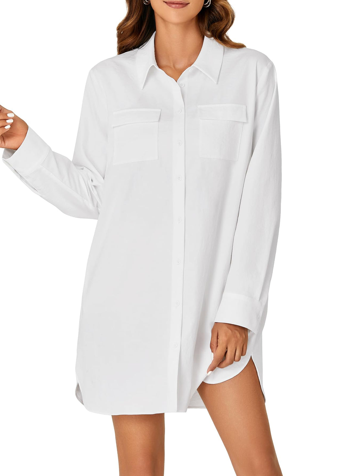 LYANER Women's Button Down Shirt Dresses Collared V Neck Long Sleeve Slit Mini Dress elegantoutfits