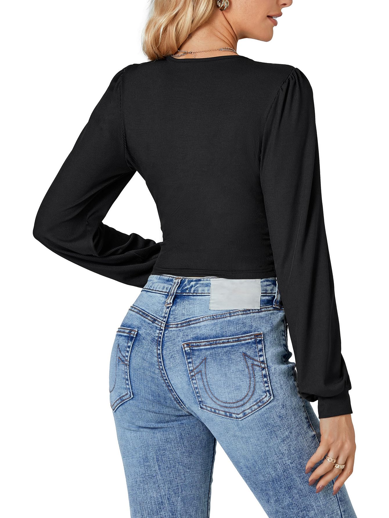 LYANER Women's Fashion Wrap-Around V-Neck Self-Tie Long-Sleeved Ribbed Knit Short Shirt  New Summer Fashion Apparel