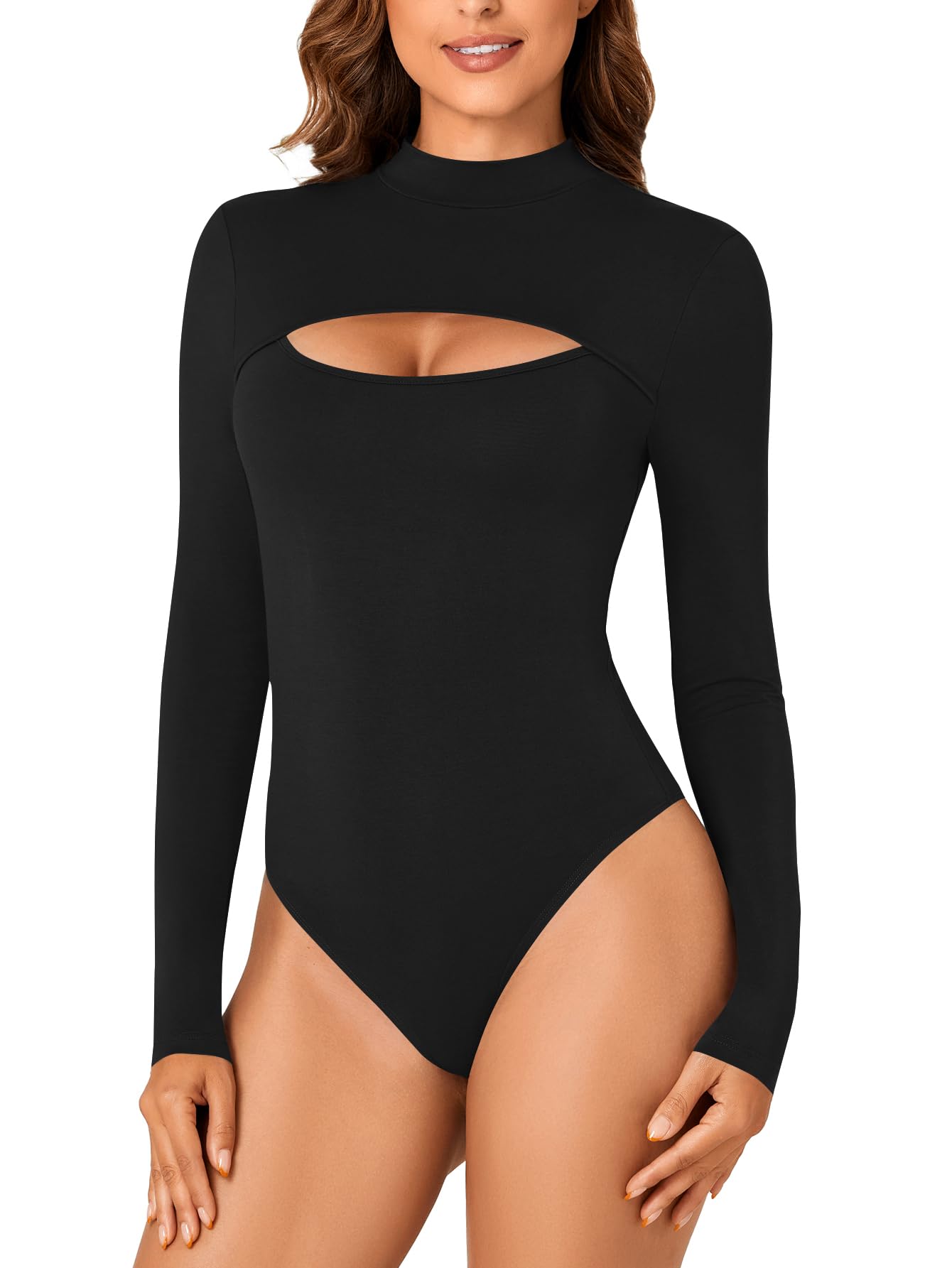 LYANER Women's High Neck Sexy Openwork Front Slit Long Sleeve Form-fitting Jumpsuit Bodysuit Top New Form-fitting Clothing