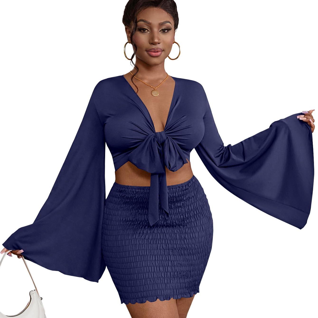 LYANER Women's Two-Piece Set with Tie-Front Slit Long-Sleeved Cropped Top and Mini Skirt Set in Light Green Girly Style Clothing