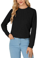 LYANER Women's Fashion Long Sleeve Shirt Round Neck Pleated T-Shirt Summer Fashion Women's Clothing