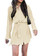 LYANER Women's Collar V Neck Button Down Pleated Long Sleeve Mini Shirt Dress with Belt